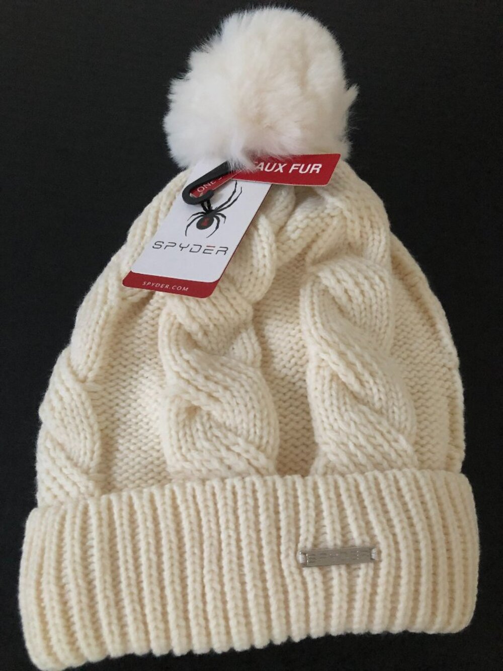 Spyder Ivory Cable-Knit Knit Beanie Hat w/ Faux Fur Pom Pom Logo